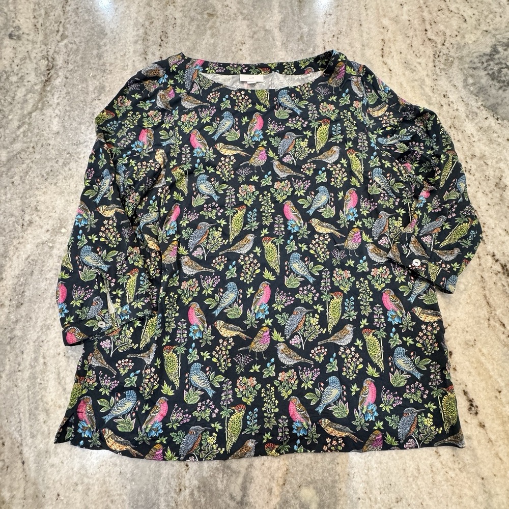 J Jill Women Sz M Bird Floral Viscose Blouse Colorful 3/4 Sleeve Tunic Top